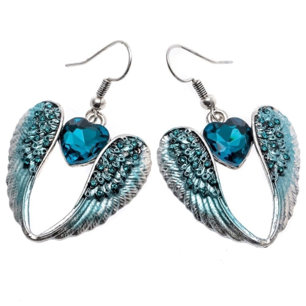Silver with Aquamarine Blue Crystal Angel Wing with Heart Dangling Hook Earrings